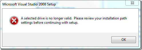 A selected drive is no longer valid.  Please review your installation path settings before continuing with setup.